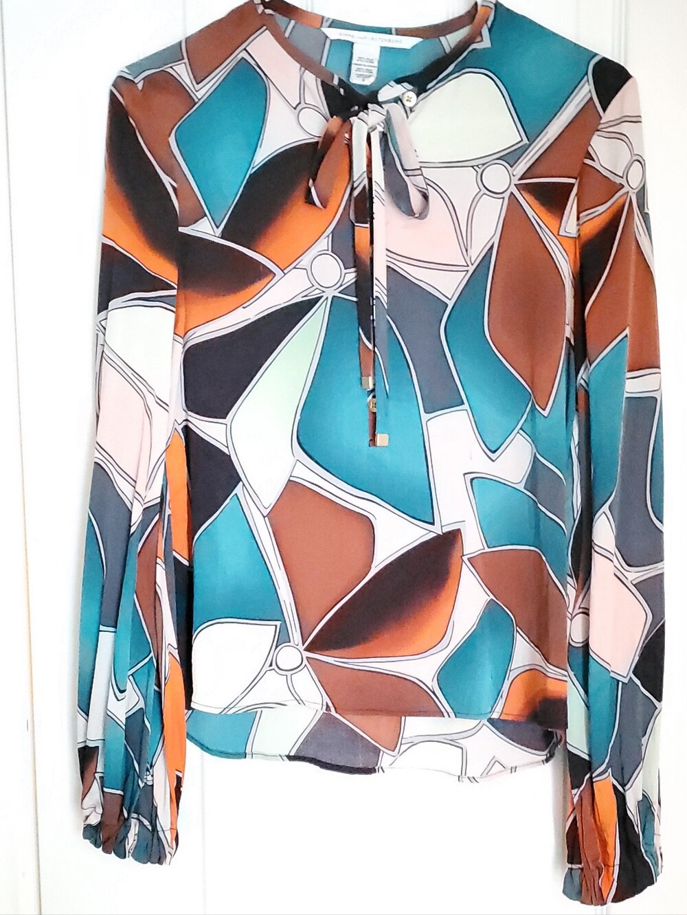 Diane Von Furstenberg Geometric Floral Tie-Neck Blouse in Teal, Brown & Orange